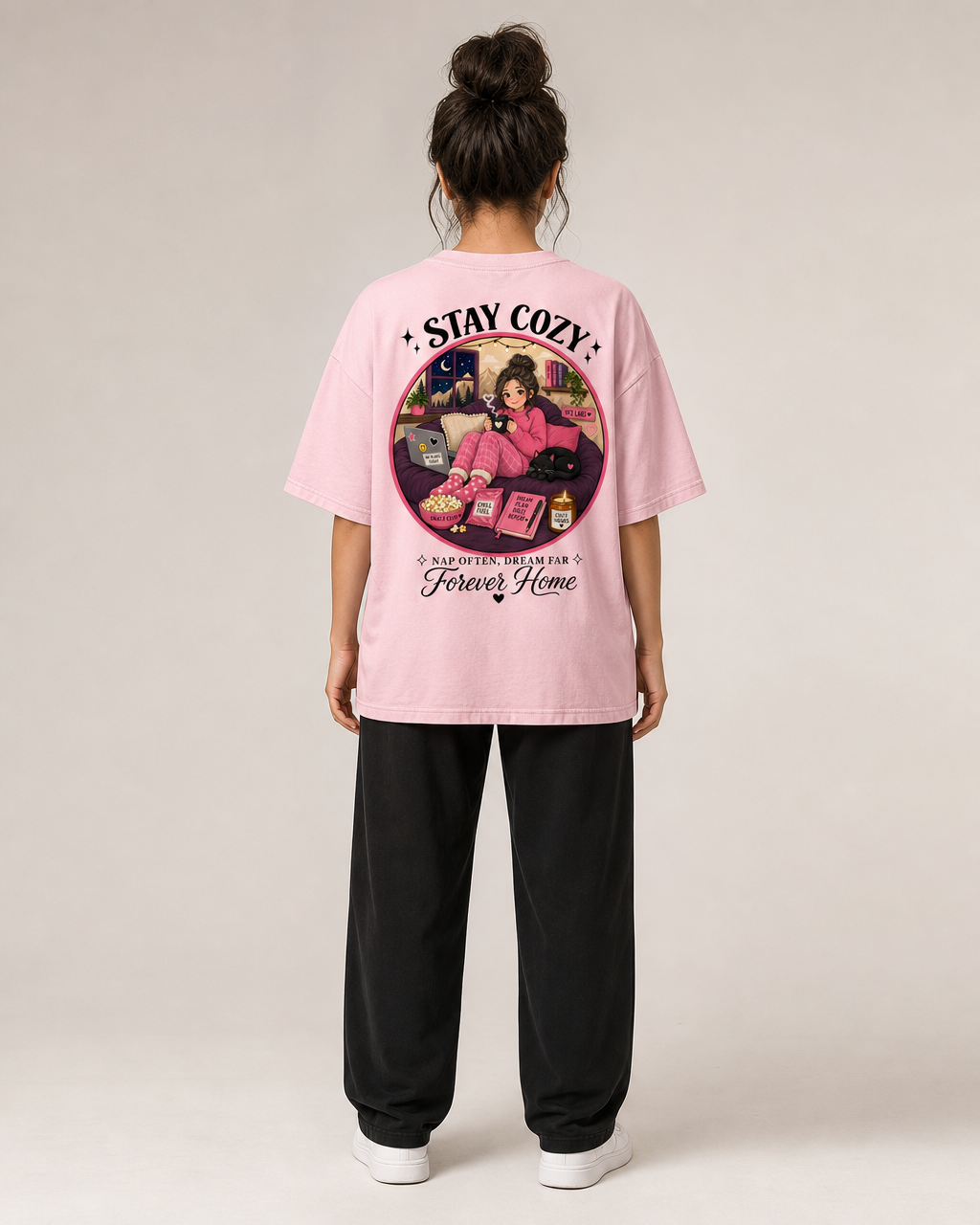 STAY COZY — Oversized Graphic Tee | Pink